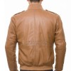 Men Tan Brown Premium Genuine Leather Bomber Jacket - Rib Knit Trim Slim Fit Real Sheepskin Central Zip Flap Chest Pocket for Men