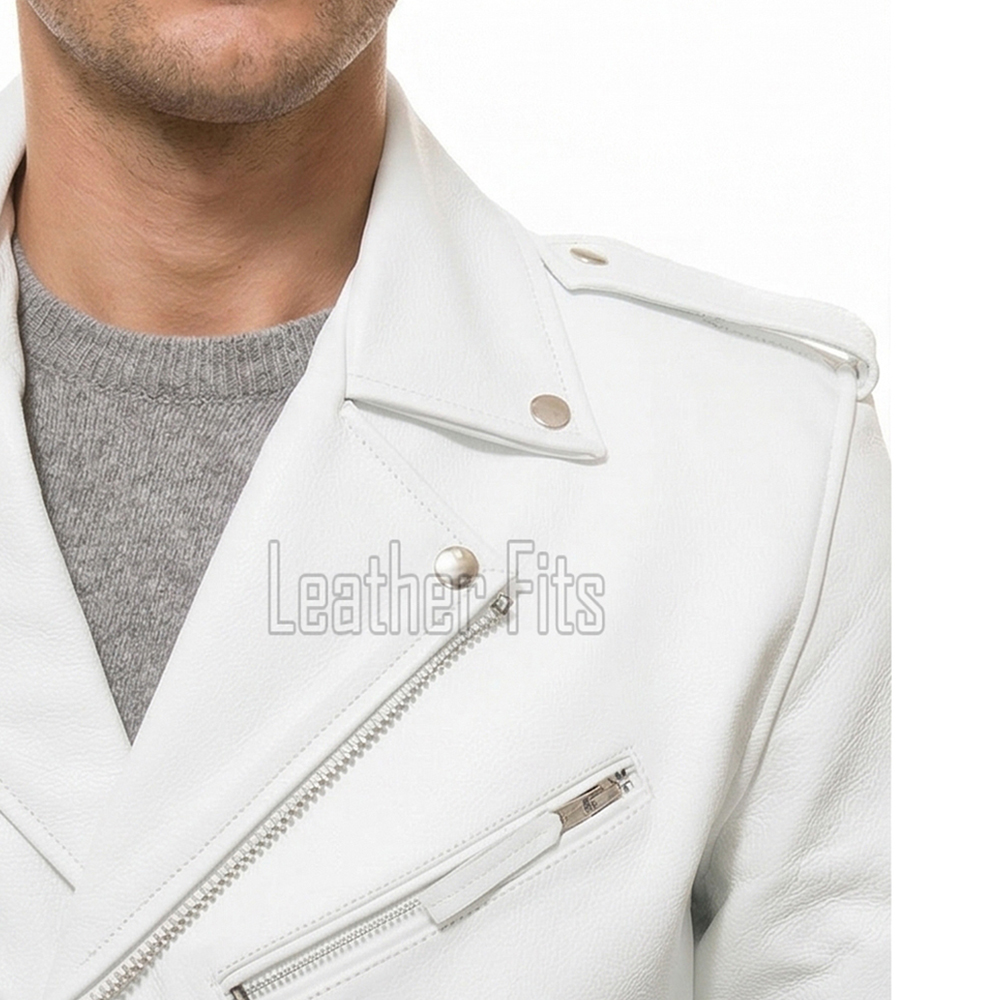 Men White Leather Jacket - Premium Stark White Brando Biker Coat Asymmetric Zip Shoulder Epaulets Belted Heavy Rock Moto Rider Men