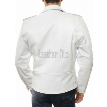 Men White Leather Jacket - Premium Stark White Brando Biker Coat Asymmetric Zip Shoulder Epaulets Belted Heavy Rock Moto Rider Men