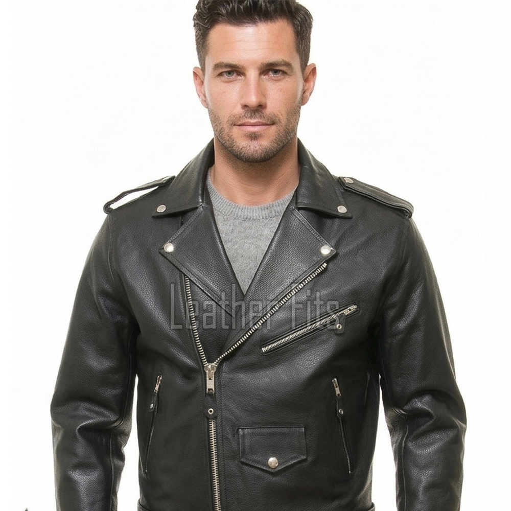 Men Black Leather Jacket - Premium Pebbled Brando Biker Coat Asymmetric Zip Shoulder Epaulets Belted Classic Punk Rock Heavy Moto Men