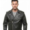 Men Black Leather Jacket - Premium Pebbled Brando Biker Coat Asymmetric Zip Shoulder Epaulets Belted Classic Punk Rock Heavy Moto Men