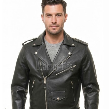 Men Black Leather Jacket - Premium Pebbled Brando Biker Coat Asymmetric Zip Shoulder Epaulets Belted Classic Punk Rock Heavy Moto Men
