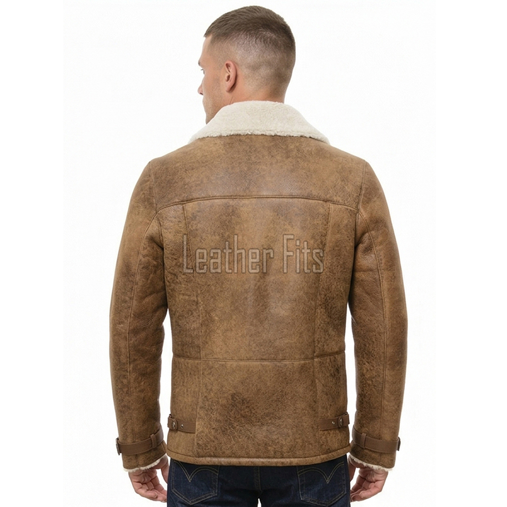 Men Brown Leather Aviator Jacket - Premium B3 Shearling Bomber Winter Coat Asymmetrical Zip Warm Faux Fur Cream Collar Moto Rider Outerwear