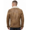 Men Brown Leather Aviator Jacket - Premium B3 Shearling Bomber Winter Coat Asymmetrical Zip Warm Faux Fur Cream Collar Moto Rider Outerwear