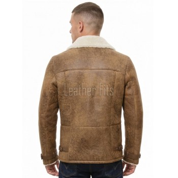 Men Brown Leather Aviator Jacket - Premium B3 Shearling Bomber Winter Coat Asymmetrical Zip Warm Faux Fur Cream Collar Moto Rider Outerwear
