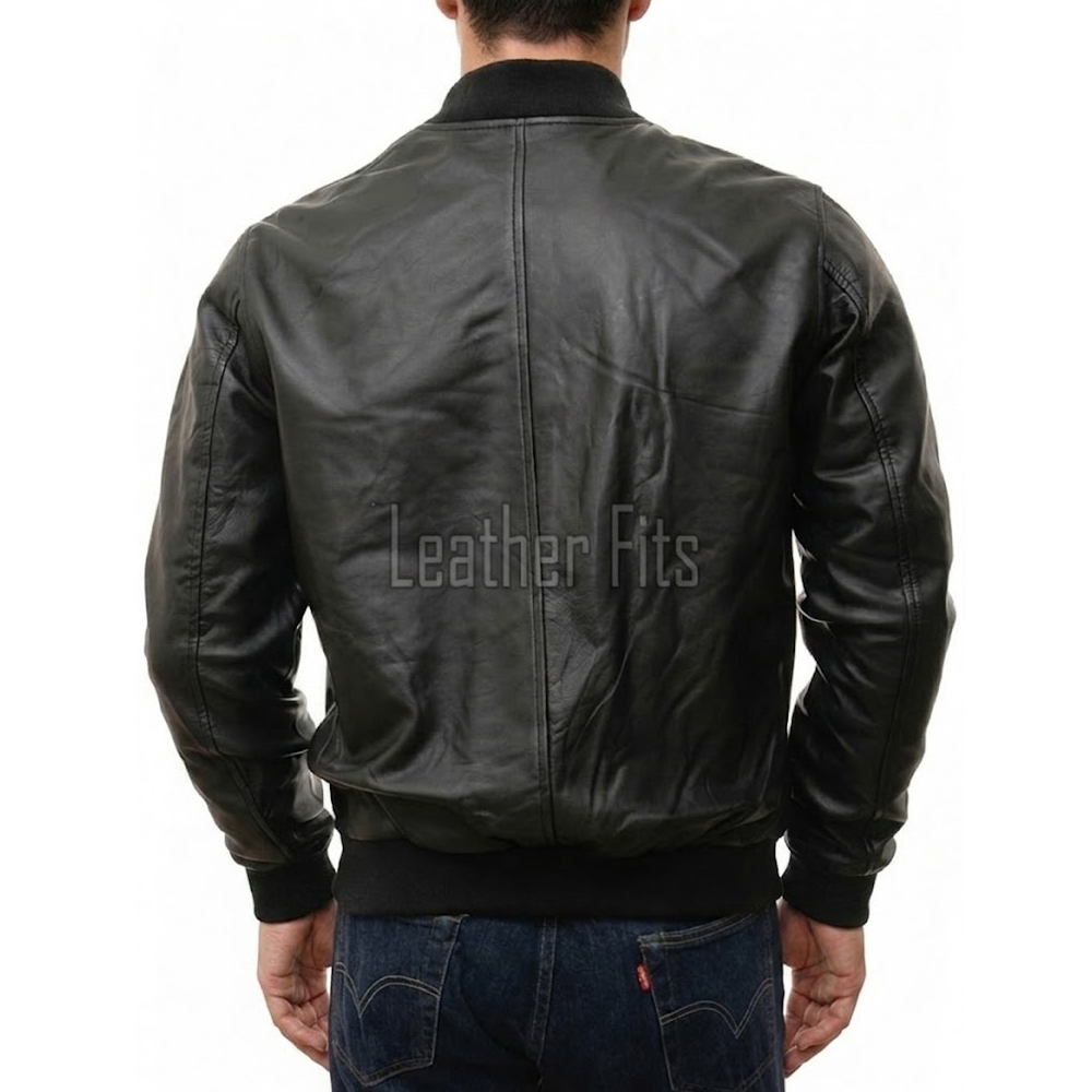 Men Black Leather Bomber Jacket - Premium Classic MA1 Flight Aviator Coat Ribbed Knit Trim Quilted Wind Flap Minimalist Sleek Outerwear