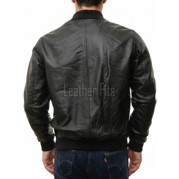 Men Black Leather Bomber Jacket - Premium Classic MA1 Flight Aviator Coat Ribbed Knit Trim Quilted Wind Flap Minimalist Sleek Outerwear