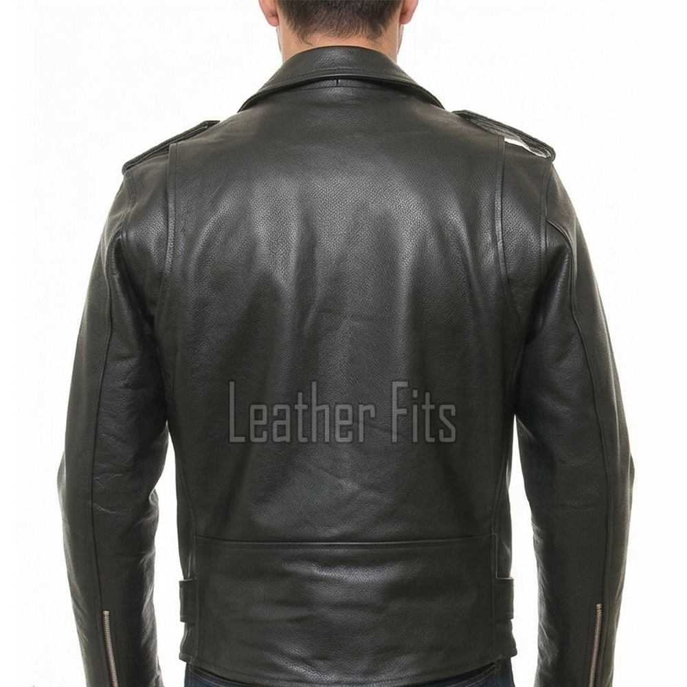 Men Black Leather Jacket - Premium Pebbled Brando Biker Coat Asymmetric Zip Shoulder Epaulets Belted Classic Punk Rock Heavy Moto Men