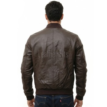 Men Brown Leather Bomber Jacket - Premium Classic MA1 Flight Aviator Coat Ribbed Knit Trim Minimalist Sleek Genuine Casual Outerwear