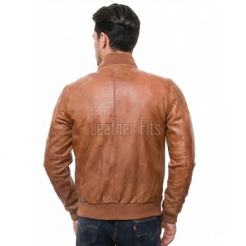 Men Camel Tan Leather Bomber Jacket | Genuine Cowhide MA1 Aviator Flight Coat | Luxury Ribbed Knit Trim & Quilted Internal Storm Flap