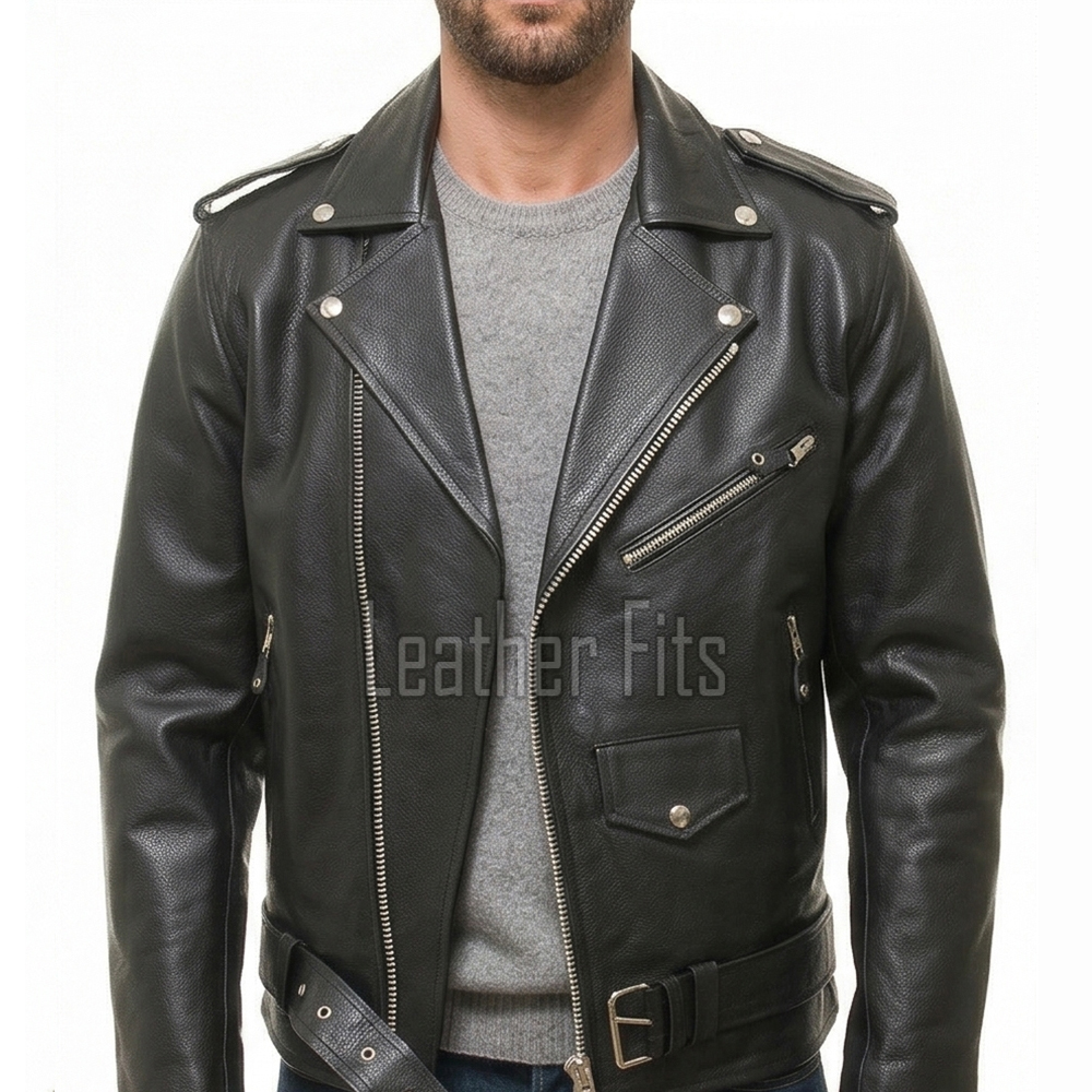 Men Black Leather Jacket - Premium Pebbled Brando Biker Coat Asymmetric Zip Shoulder Epaulets Belted Classic Punk Rock Heavy Moto Men