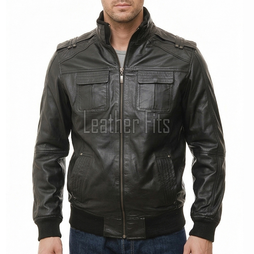 Men Black Leather Bomber Jacket - Premium Real Sheepskin Cargo Pocket Epaulet Flight Coat Casual Urban Aviator Outerwear