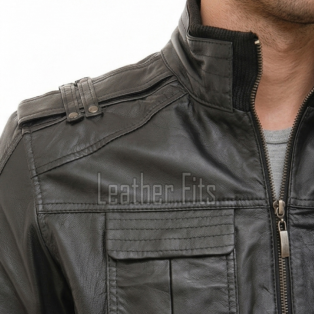 Men Black Leather Bomber Jacket - Premium Real Sheepskin Cargo Pocket Epaulet Flight Coat Casual Urban Aviator Outerwear