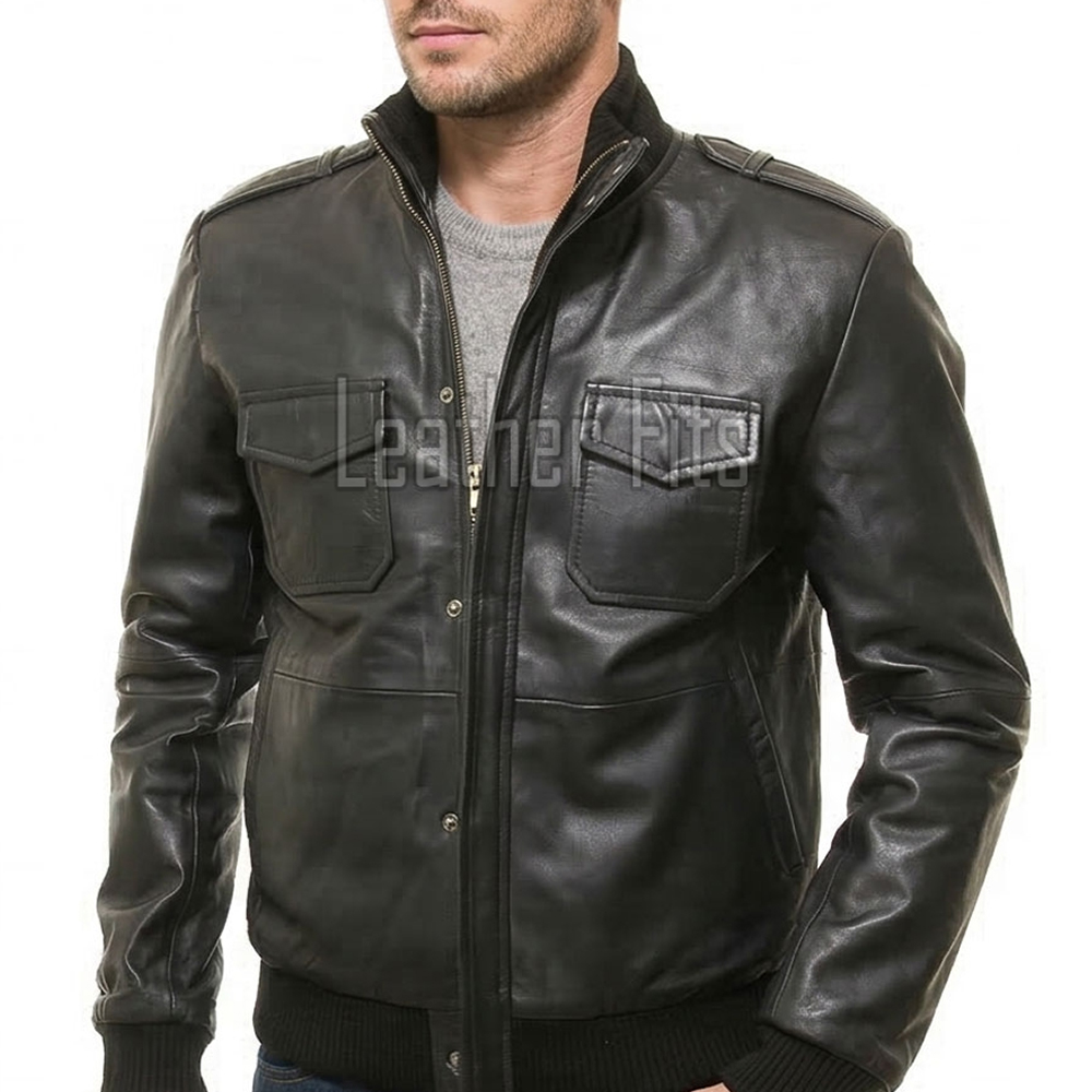 Men Black Premium Genuine Leather Bomber Jacket - Rib Knit Trim Slim Fit Real Sheepskin Central Zip Multi Pocket Casual Outerwear for Men