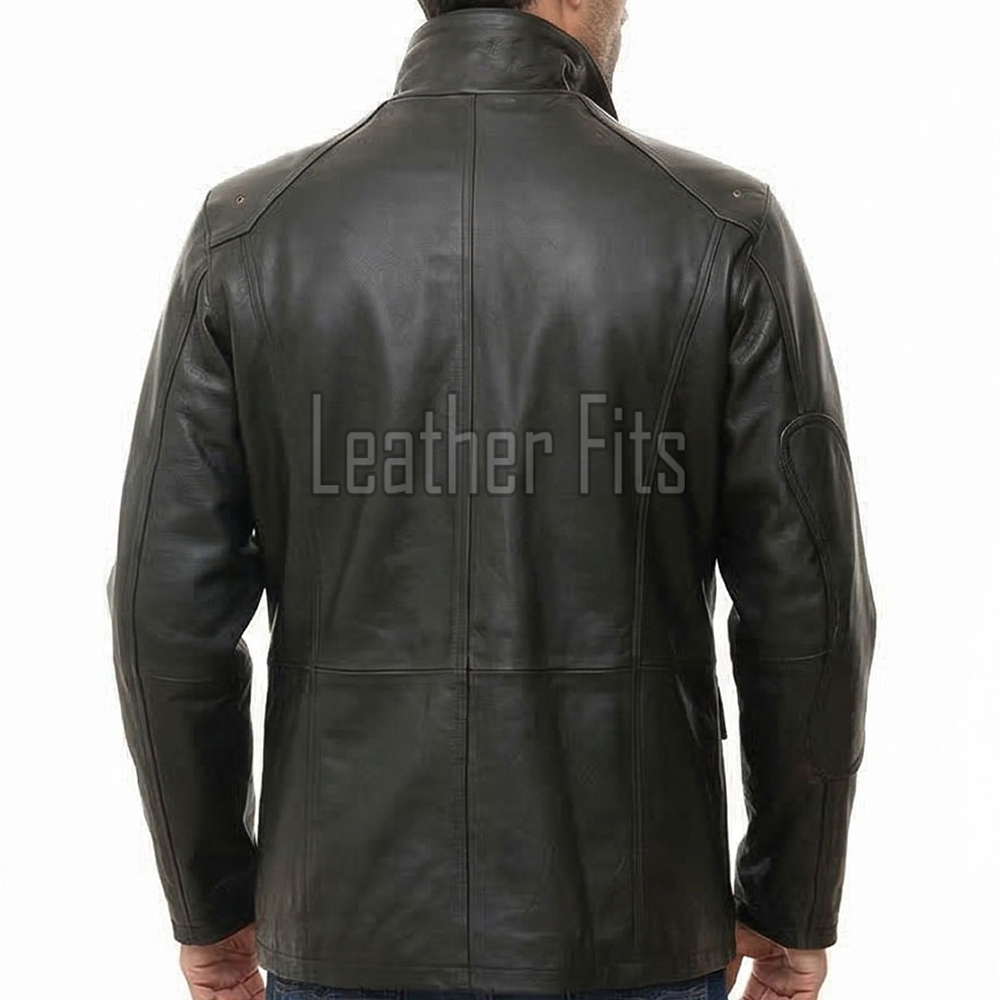 Men Black Premium Genuine Leather Cargo Jacket - Military Stand Collar Slim Fit Real Sheepskin Multi Pocket Casual Outerwear for Men