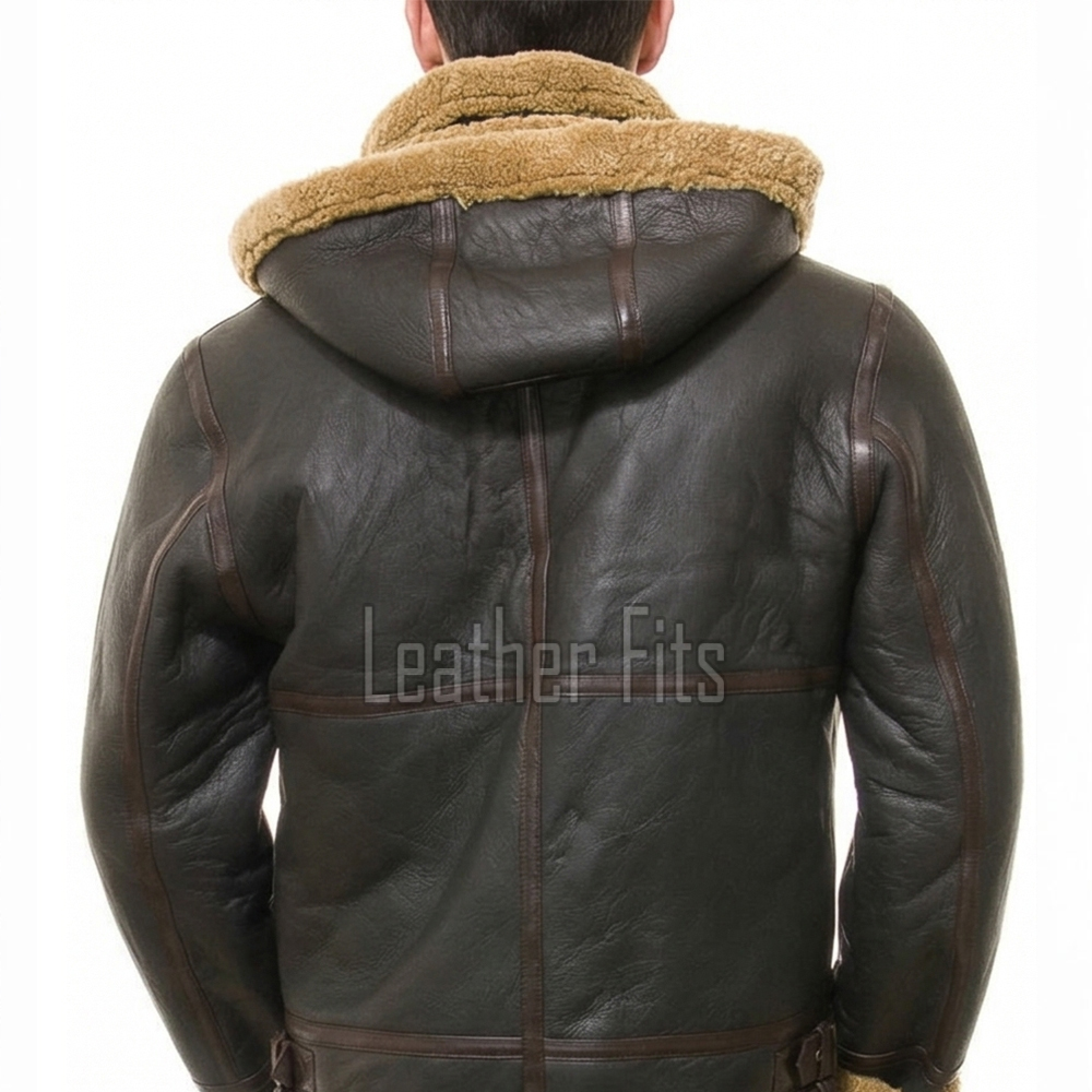 Men Brown Leather Jacket - Premium Aviator B3 Shearling Bomber Coat Wide Faux Wool Collar Warm Winter Flight Thick Windbreaker Tactical Men