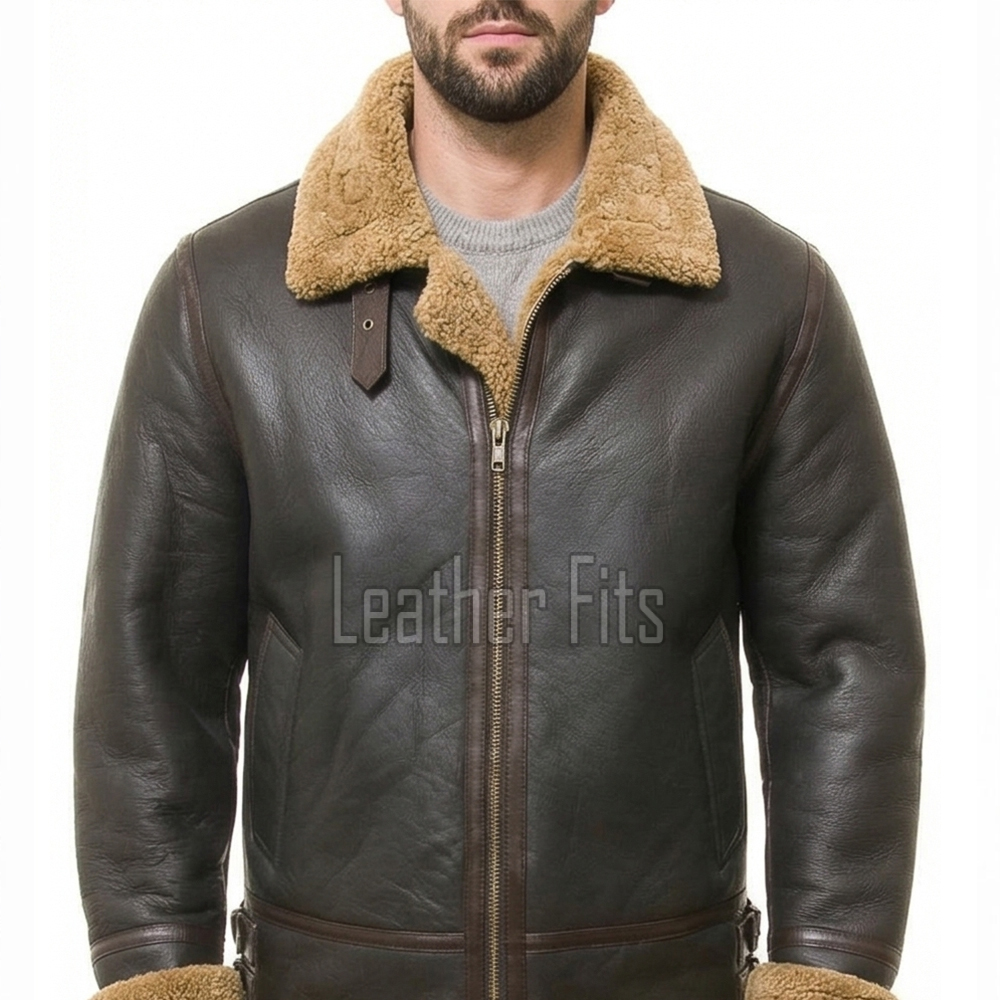 Men Brown Leather Jacket - Premium Aviator B3 Shearling Bomber Coat Wide Faux Wool Collar Warm Winter Flight Thick Windbreaker Tactical Men