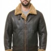 Men Brown Leather Jacket - Premium Aviator B3 Shearling Bomber Coat Wide Faux Wool Collar Warm Winter Flight Thick Windbreaker Tactical Men