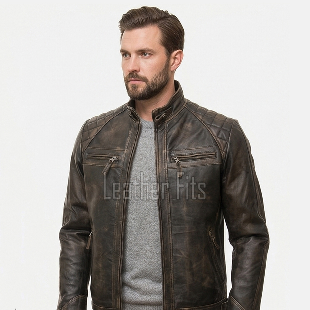 Men Brown Leather Jacket - Premium Distressed Cafe Racer Biker Coat Quilted Shoulder Stand Collar Vintage Washed Multi Pocket Classic Men
