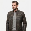 Men Brown Leather Jacket - Premium Distressed Cafe Racer Biker Coat Quilted Shoulder Stand Collar Vintage Washed Multi Pocket Classic Men