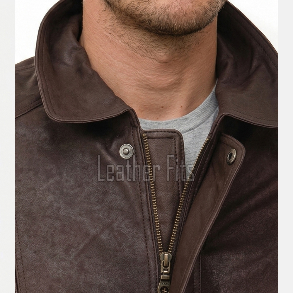 Men Brown Leather Jacket - Premium Sheepskin Bomber Coat Turn Down Shirt Collar Antique Distressed Multi Panel Fly Front Vintage Flight Men