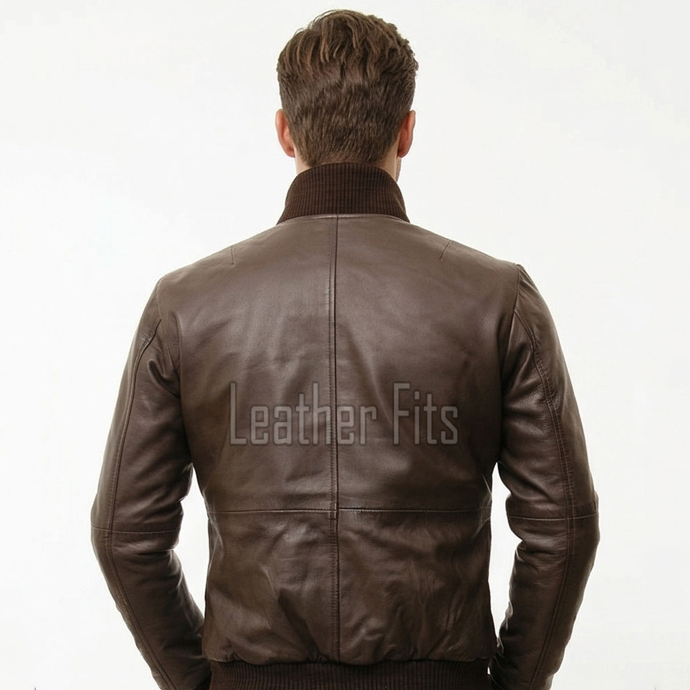 Men Brown Premium Genuine Leather Bomber Jacket - Dual Zip Snap Button Flap High Rib Funnel Neck Real Sheepskin Slim Fit Moto Coat Men