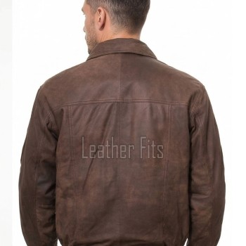 Men Distressed Brown Genuine Leather Jacket - Classic Shirt Collar Aviator Flight Bomber Premium Real Sheepskin Casual Outerwear Coat Men