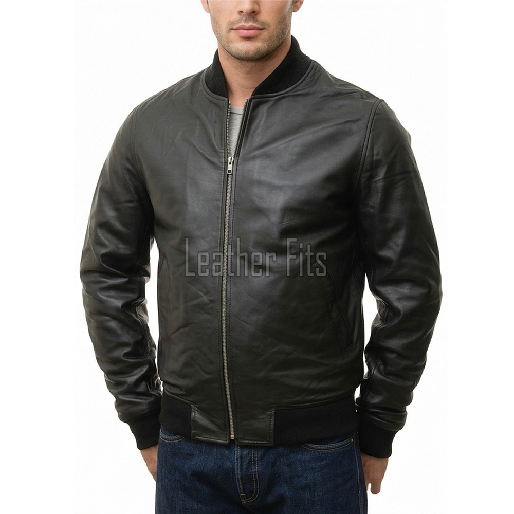 Men Black Leather Bomber Jacket - Premium Classic MA1 Flight Aviator Coat Ribbed Knit Trim Quilted Wind Flap Minimalist Sleek Outerwear