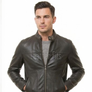 Men Dark Brown Leather Jacket - Premium Genuine Sheepskin Café Racer Slim Fit Motorbike Biker Coat Casual Sleek Minimalist Outerwear