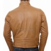 Men Tan Leather Jacket - Camel Moto Cafe Racer Premium Real Sheepskin Ribbed Shoulder Padded Waist Light Cognac Zip Coat Men Outerwear