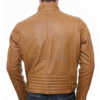 Men Tan Leather Jacket - Camel Moto Cafe Racer Premium Real Sheepskin Ribbed Shoulder Padded Waist Light Cognac Zip Coat Men Outerwear