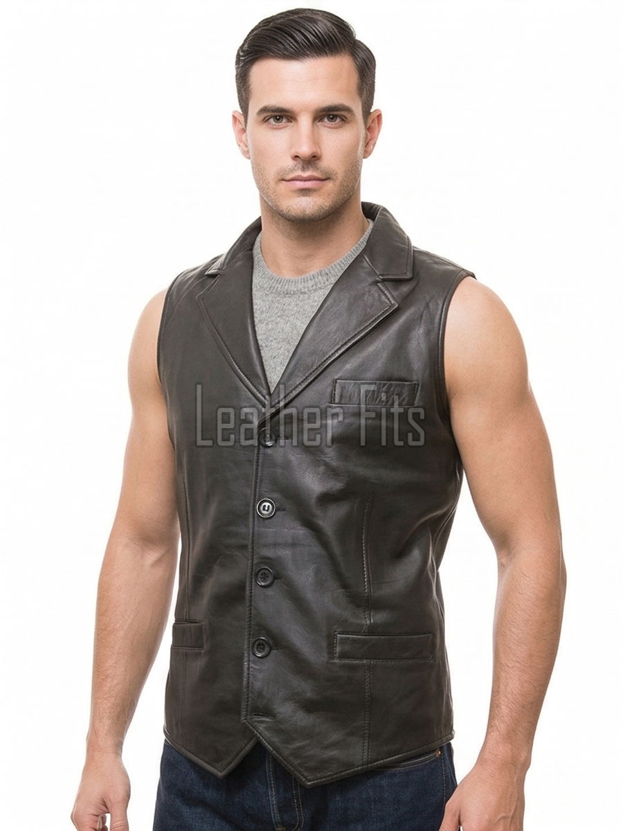 Men Black Leather Tailored Vest | Luxury Genuine Lambskin Fitted Waistcoat | Premium Sleek Sleeveless Evening Layering Jacket