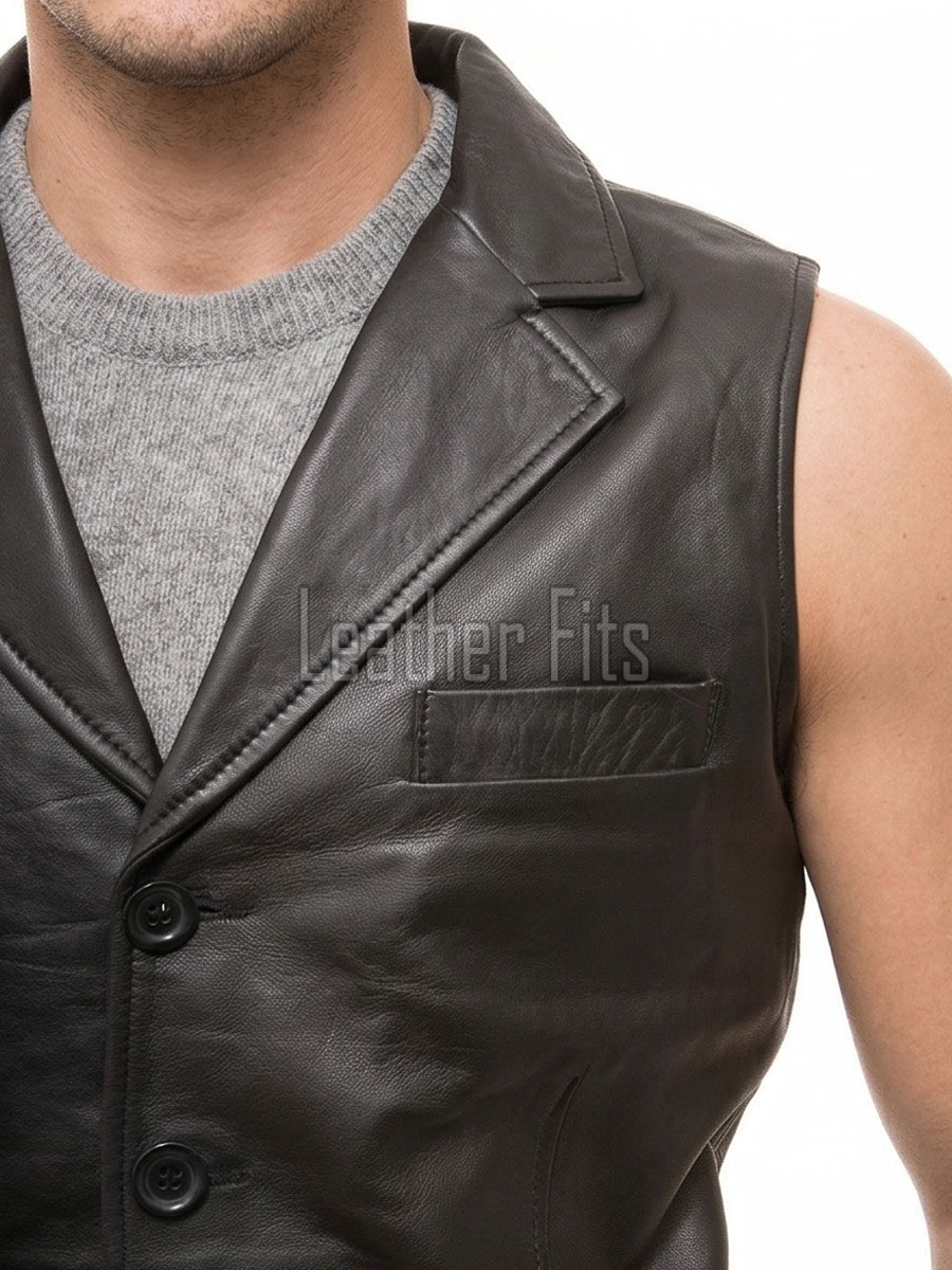 Men Black Leather Tailored Vest | Luxury Genuine Lambskin Fitted Waistcoat | Premium Sleek Sleeveless Evening Layering Jacket