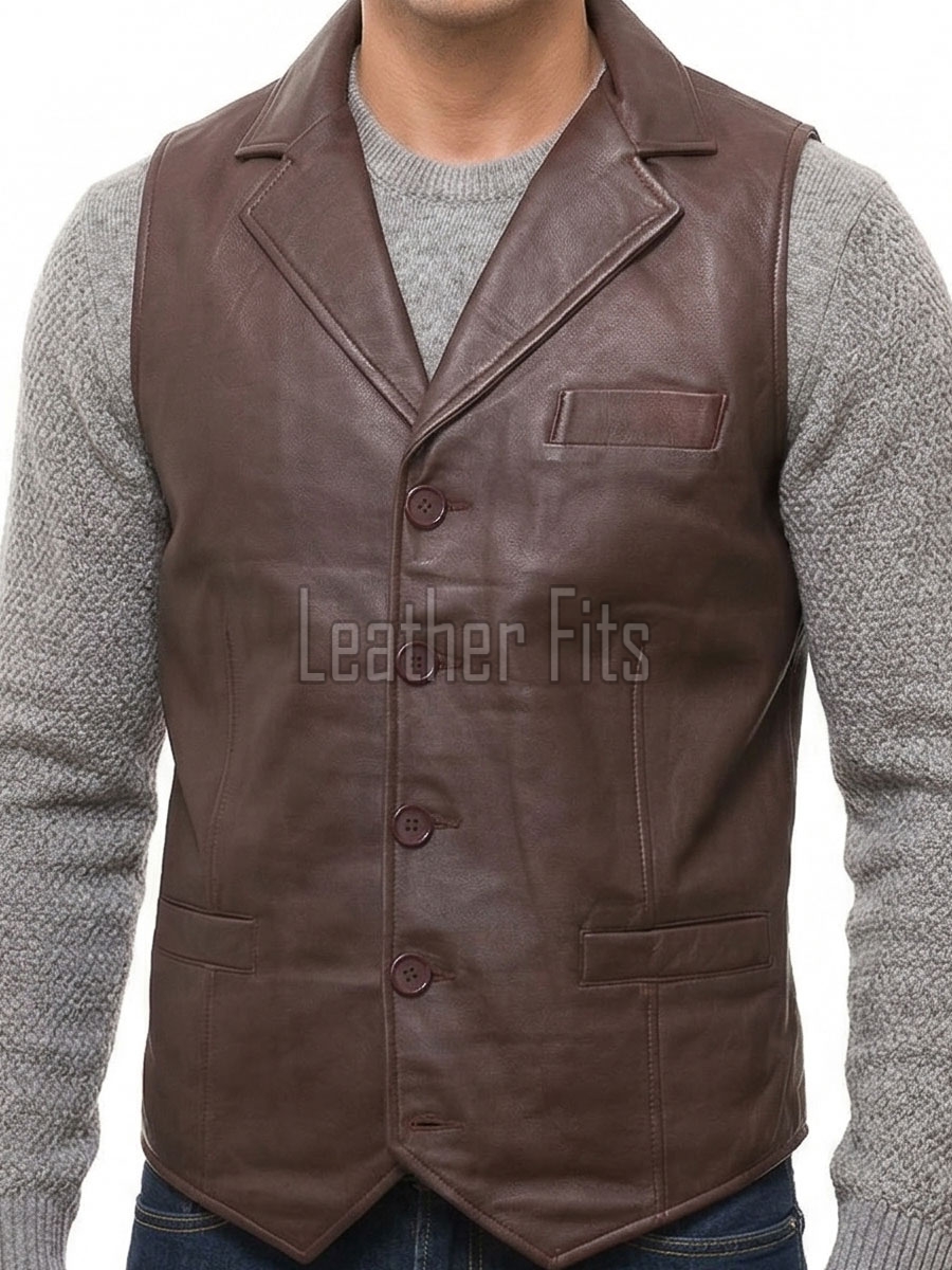 Men Dark Brown Leather Lapel Vest | Luxury Genuine Sheepskin Tailored Waistcoat | Premium Sleek Sleeveless Smart Casual Layering Jacket