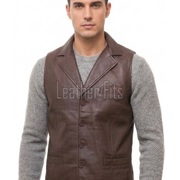 Men Dark Brown Leather Lapel Vest | Luxury Genuine Sheepskin Tailored Waistcoat | Premium Sleek Sleeveless Smart Casual Layering Jacket