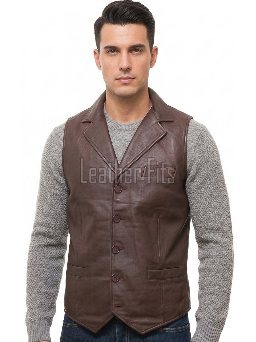 Men Dark Brown Leather Lapel Vest | Luxury Genuine Sheepskin Tailored Waistcoat | Premium Sleek Sleeveless Smart Casual Layering Jacket