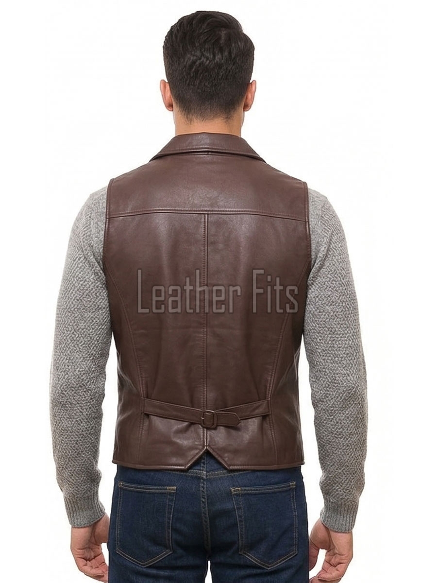 Men Dark Brown Leather Lapel Vest | Luxury Genuine Sheepskin Tailored Waistcoat | Premium Sleek Sleeveless Smart Casual Layering Jacket