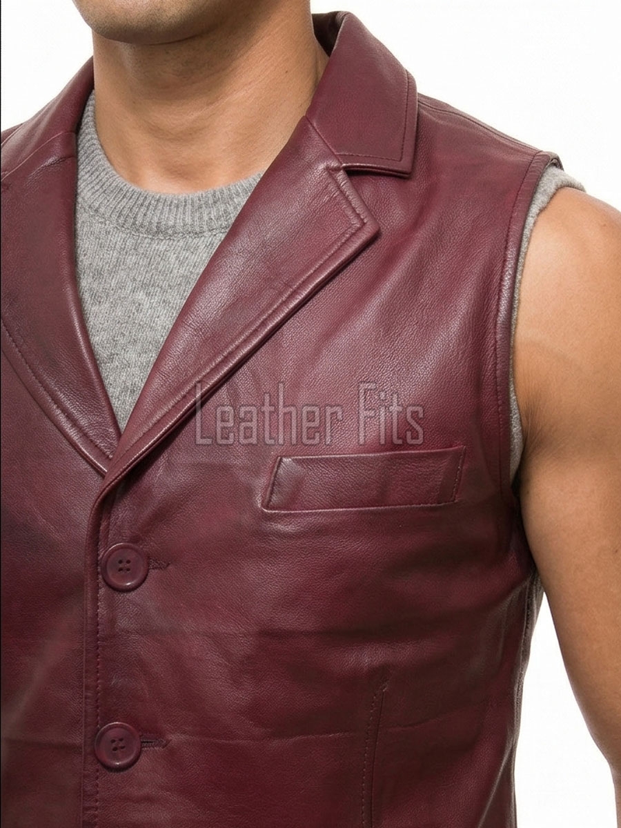 Men Maroon Leather Tailored Waistcoat | Luxury Genuine Oxblood Lambskin Vest | Premium Sleek Sleeveless Smart Casual Layering Gilet