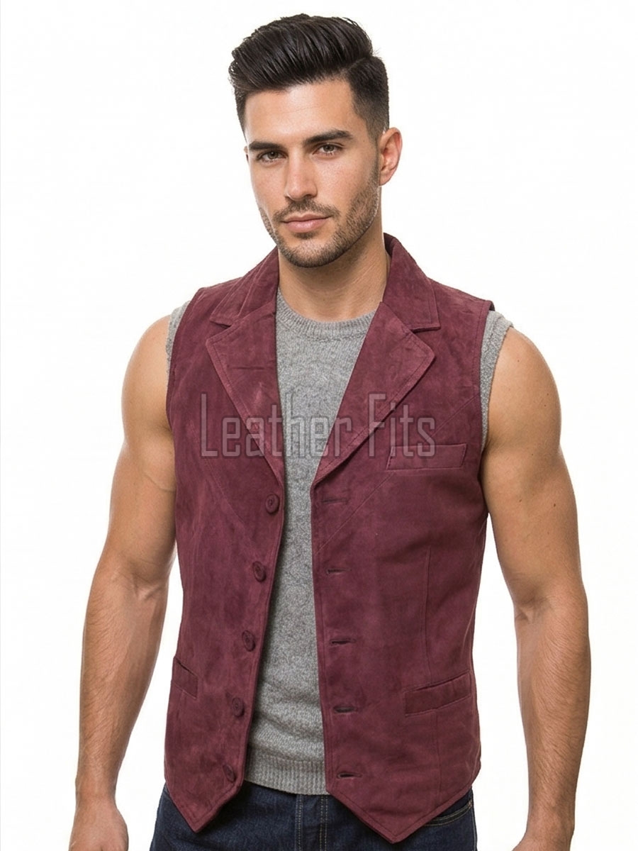 Men Burgundy Suede Tailored Vest | Luxury Genuine Wine Lambskin Waistcoat | Premium Soft Matte Sleeveless Evening Layering Jacket