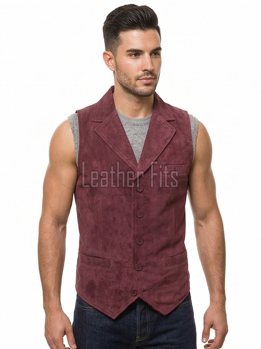 Men Burgundy Suede Tailored Vest | Luxury Genuine Wine Lambskin Waistcoat | Premium Soft Matte Sleeveless Evening Layering Jacket