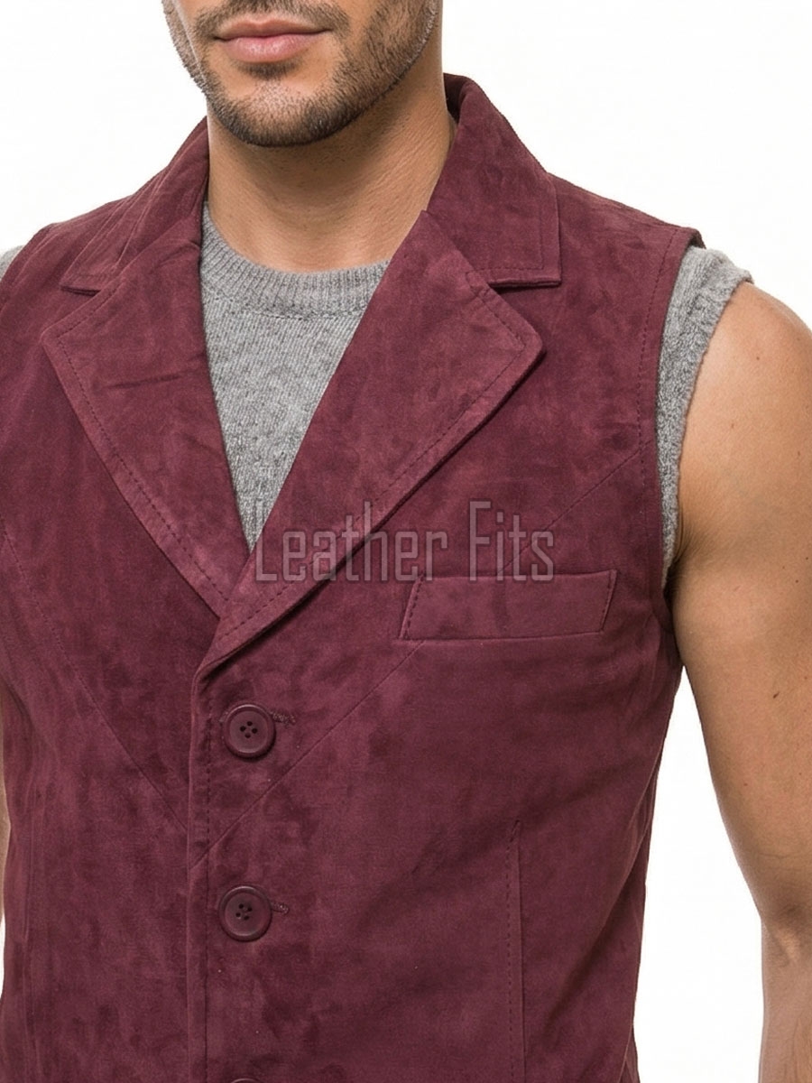 Men Burgundy Suede Tailored Vest | Luxury Genuine Wine Lambskin Waistcoat | Premium Soft Matte Sleeveless Evening Layering Jacket