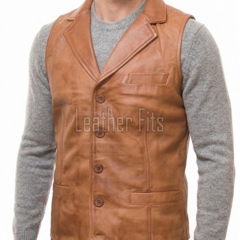 Men Tan Leather Tailored Vest | Luxury Genuine Cognac Lambskin Waistcoat | Premium Sleek Sleeveless Smart Casual Layering Gilet