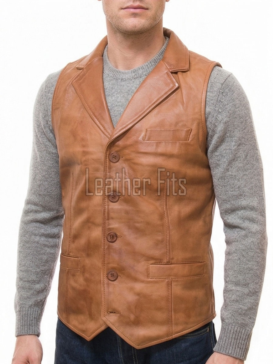 Men Tan Leather Tailored Vest | Luxury Genuine Cognac Lambskin Waistcoat | Premium Sleek Sleeveless Smart Casual Layering Gilet