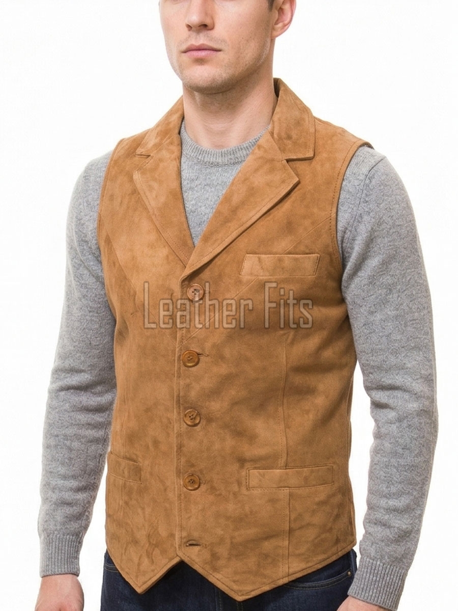 Men Tobacco Suede Tailored Vest | Luxury Genuine Camel Lambskin Waistcoat | Premium Soft Matte Sleeveless Smart Casual Layering Jacket