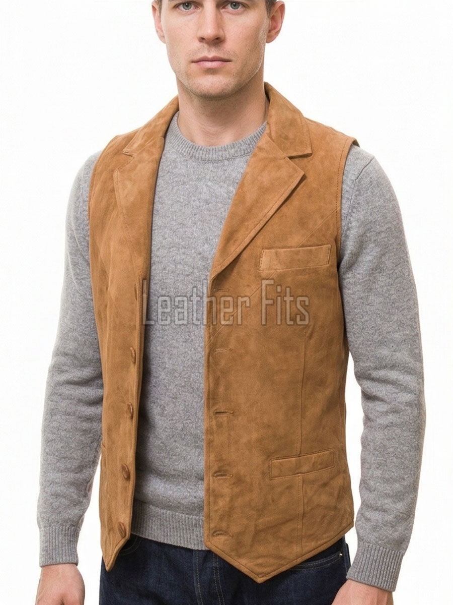 Men Tobacco Suede Tailored Vest | Luxury Genuine Camel Lambskin Waistcoat | Premium Soft Matte Sleeveless Smart Casual Layering Jacket