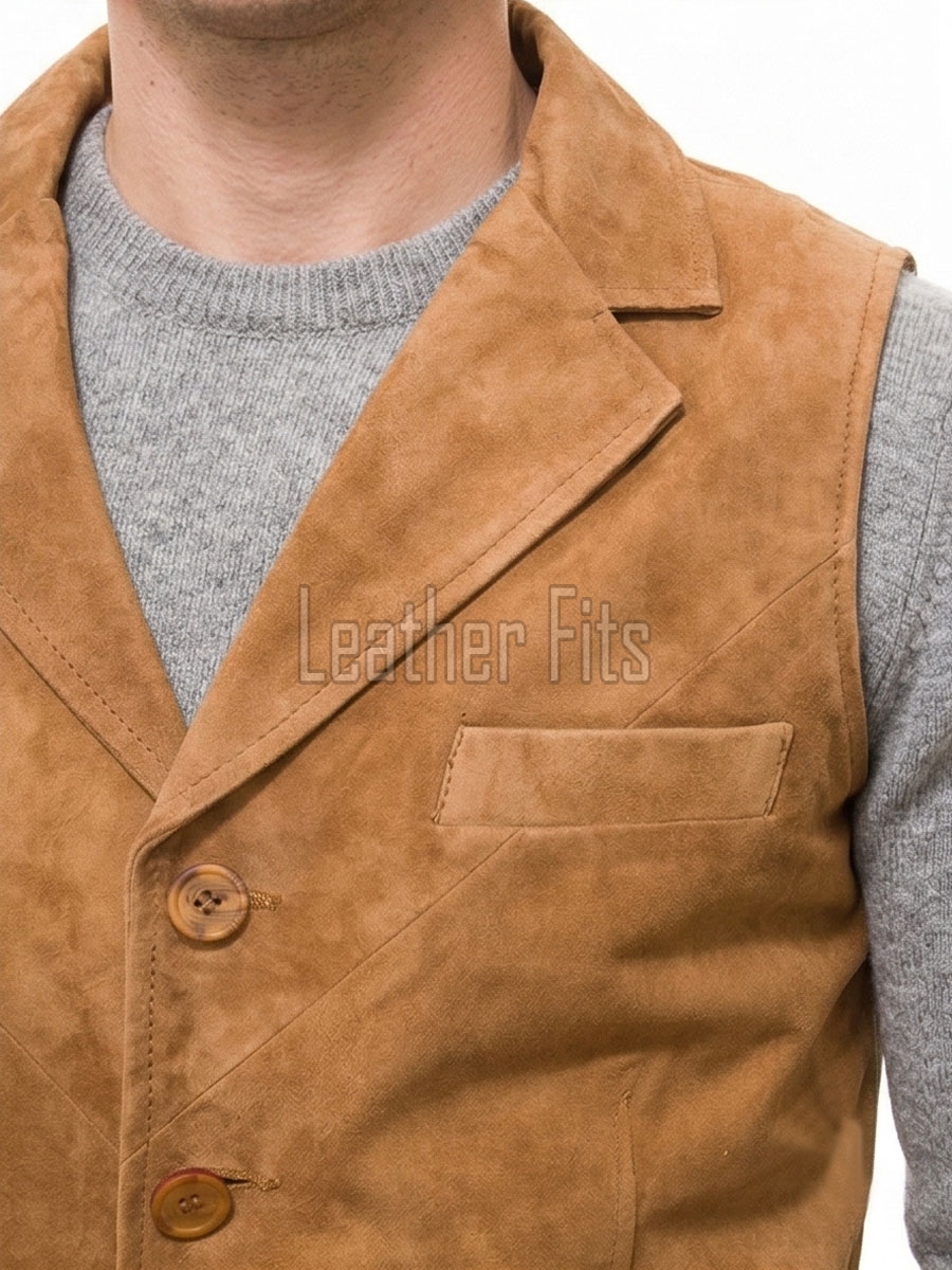 Men Tobacco Suede Tailored Vest | Luxury Genuine Camel Lambskin Waistcoat | Premium Soft Matte Sleeveless Smart Casual Layering Jacket