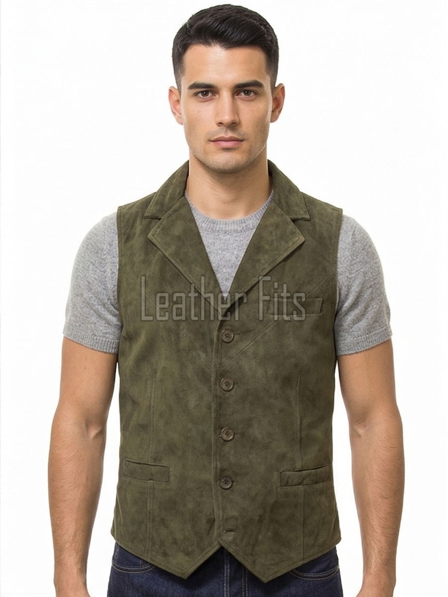 Men Olive Green Suede Vest | Luxury Genuine Sage Lambskin Waistcoat | Premium Soft Matte Sleeveless Country Gentleman Layering Jacket