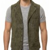 Men Olive Green Suede Vest | Luxury Genuine Sage Lambskin Waistcoat | Premium Soft Matte Sleeveless Country Gentleman Layering Jacket