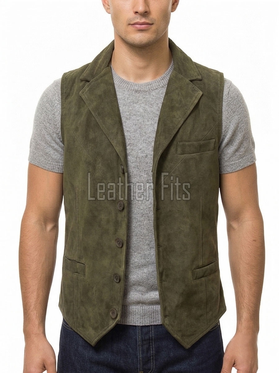 Men Olive Green Suede Vest | Luxury Genuine Sage Lambskin Waistcoat | Premium Soft Matte Sleeveless Country Gentleman Layering Jacket