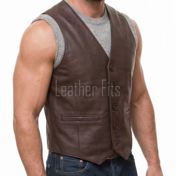 Men Espresso Brown Leather Vest | Luxury Genuine Lambskin Fitted Waistcoat | Premium Sleek Sleeveless Smart Casual Dress Layering Jacket